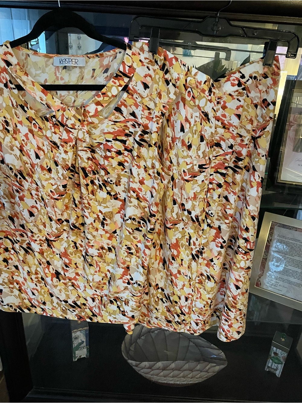 Kasper Short-Sleeve Abstract Floral Blouse in Yellow, Coral & Black